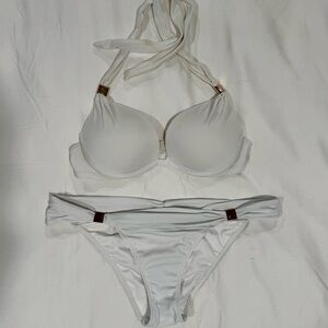 Victoria's Secret White Halter Push-Up Bikini Set with Gold Accents